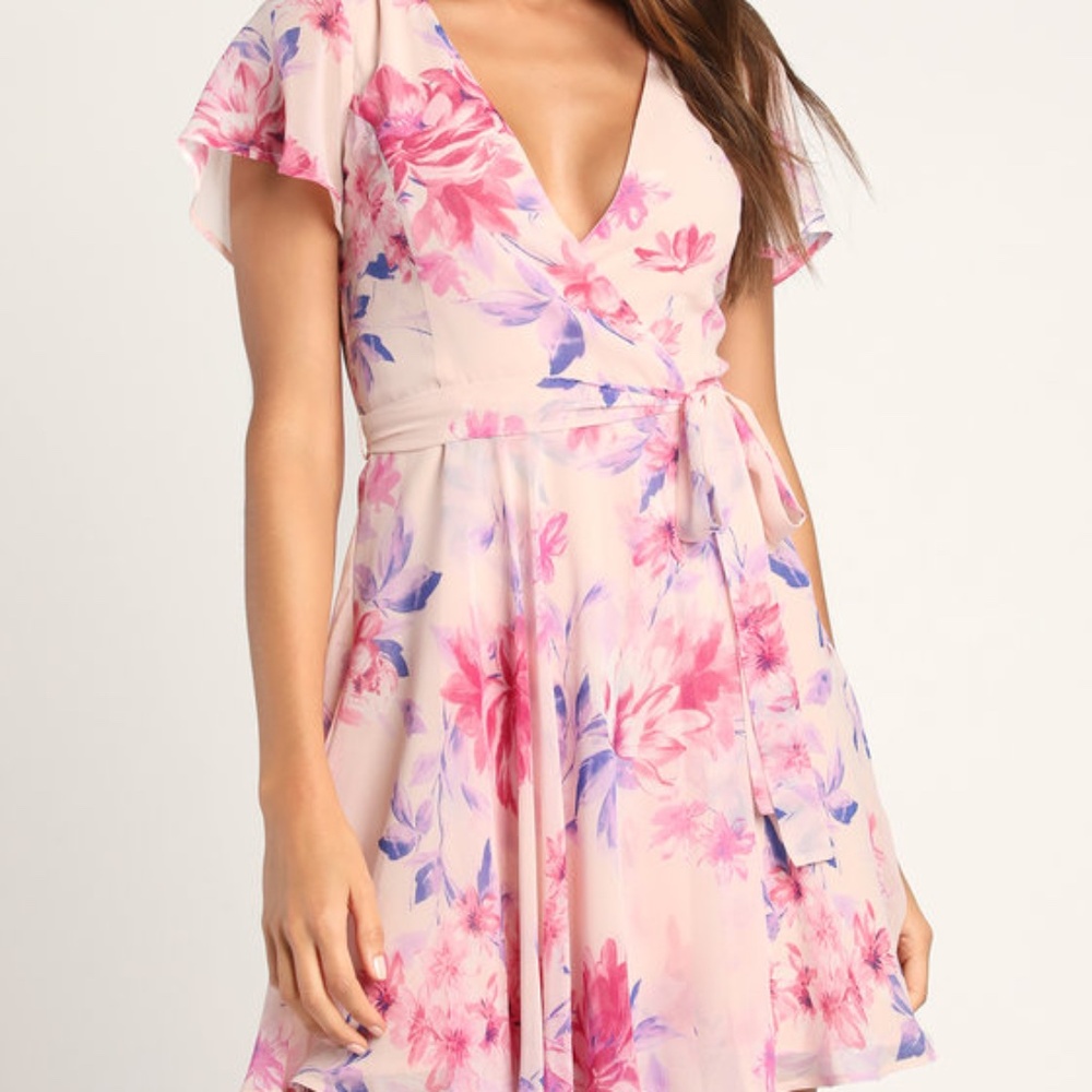 Lulus In The Gardens Blush Pink Floral Print Surplice Mini Dress - Size S